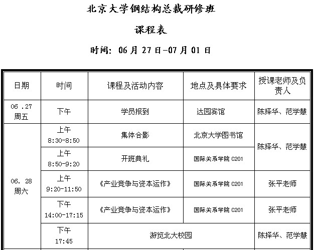 北京大學鋼結構總裁研修班課程表